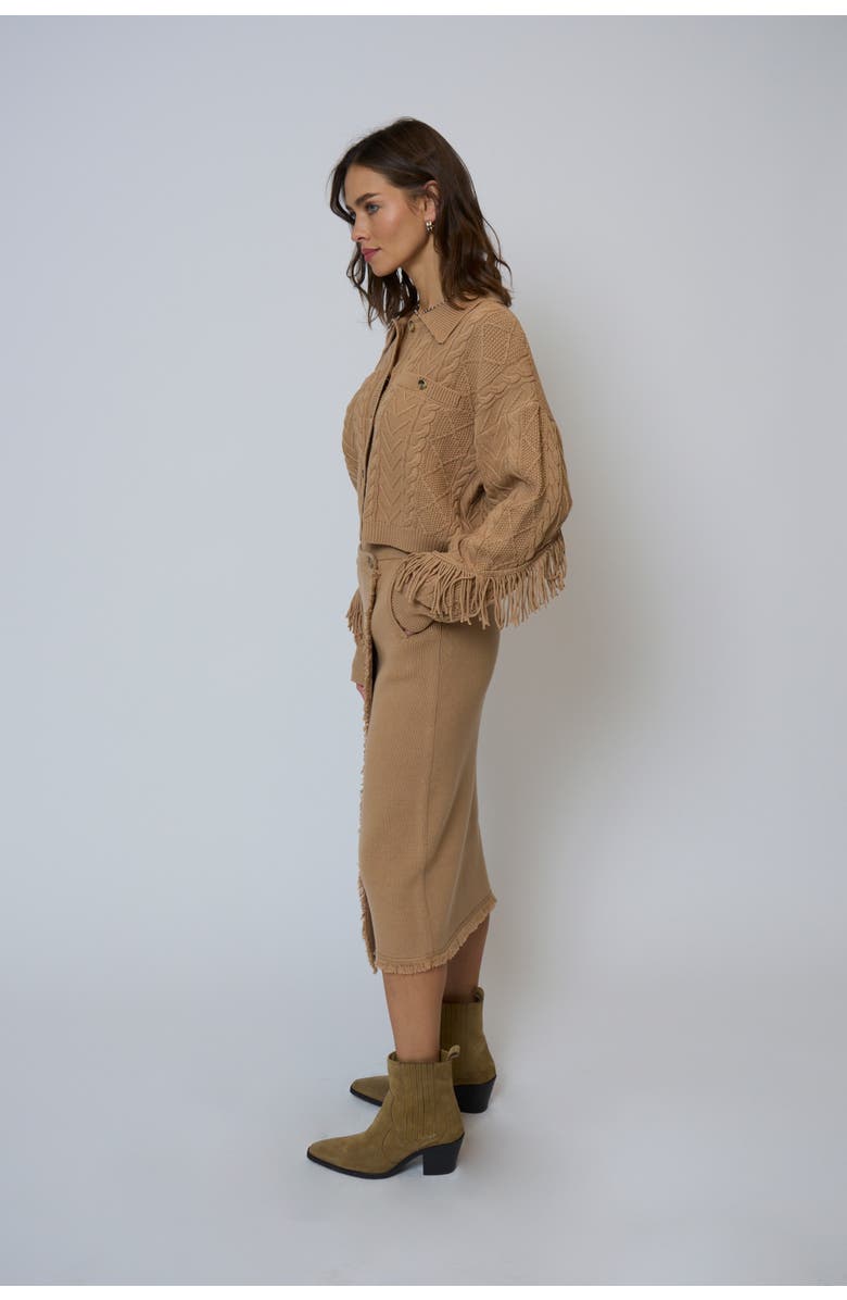 Central Park West Elyse Fringe Assymetrical Midi Skirt, Alternate, color, Camel