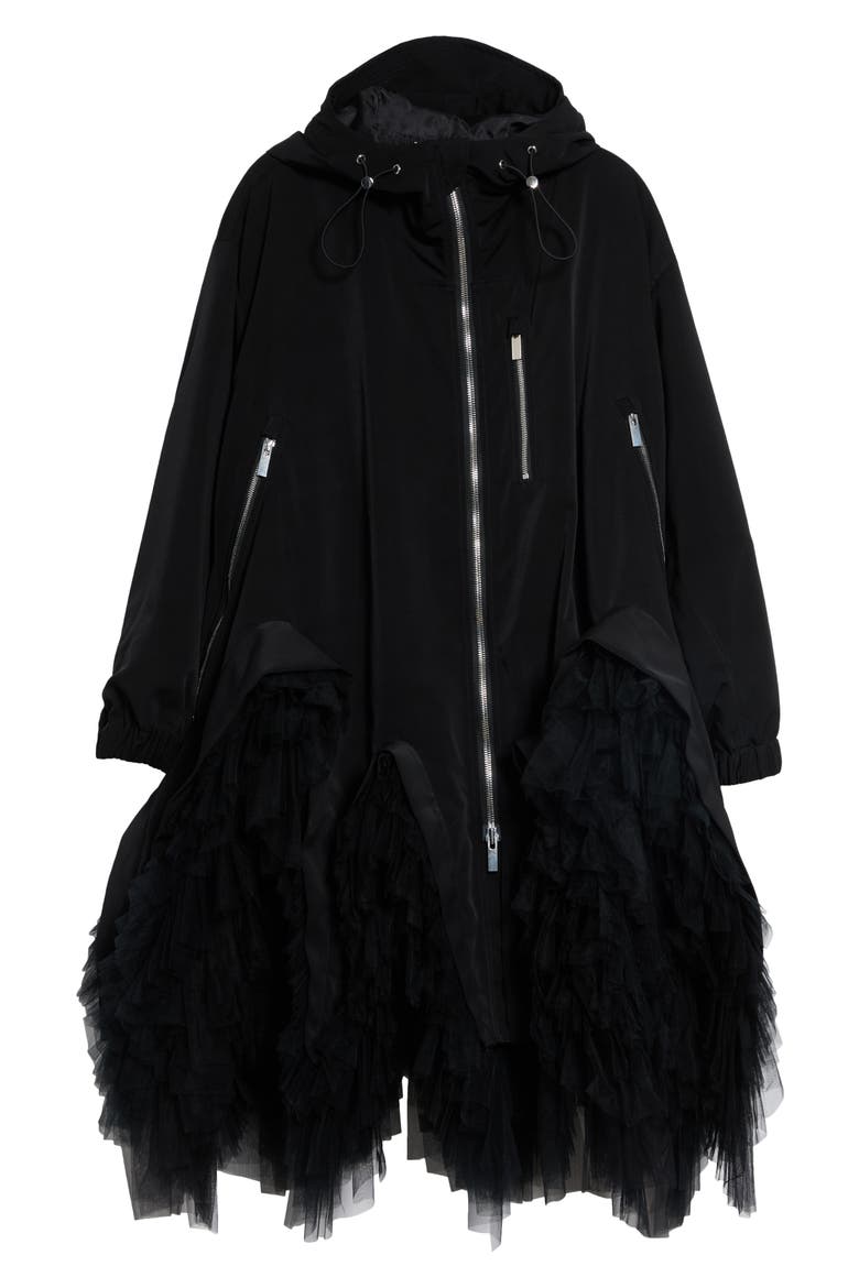 Hooded Technical Tulle Coat, Alternate, color, BLACK