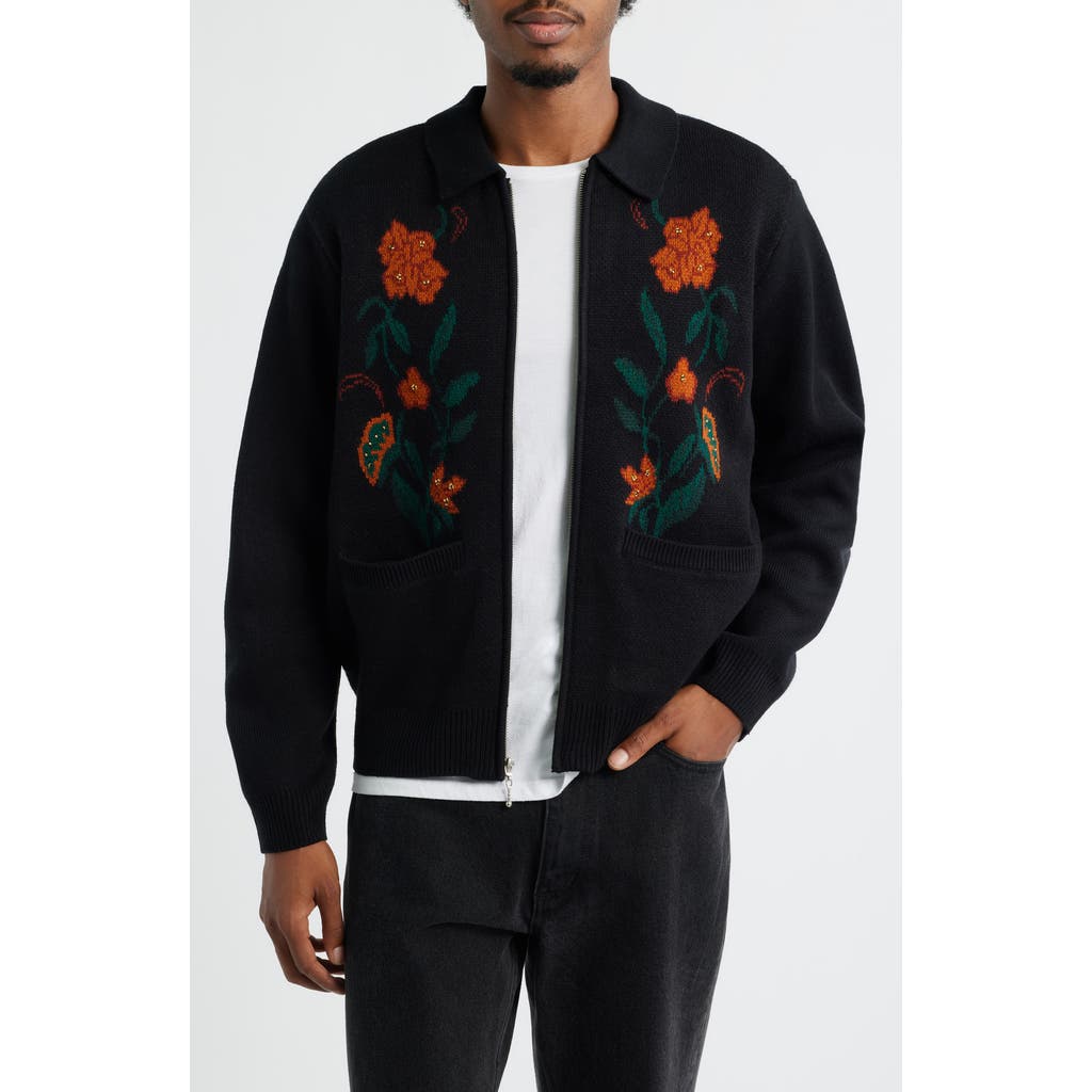 Obey Full-zip Cardigan With Floral Motif In Burgundy