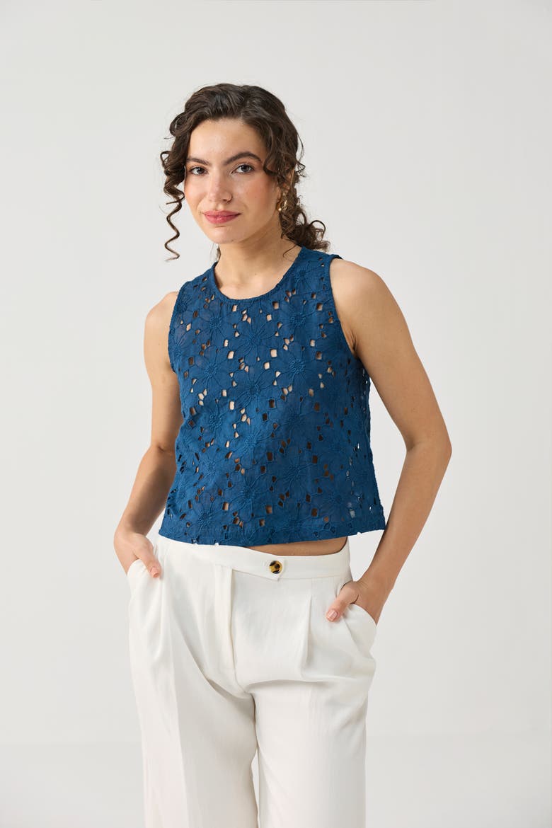 Embroidered Button-Back Top, Alternate, color, Embroidered Cotton Blue