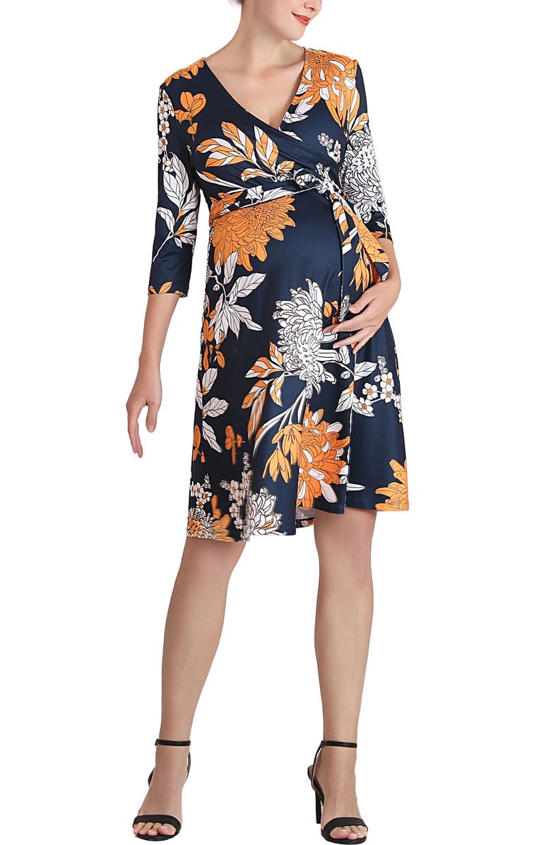 Kimi & Kai Dona Floral Faux Wrap Maternity Nursing Dress, Main, color, Multicolored