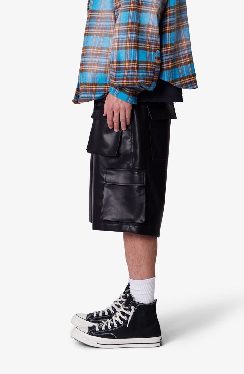 mnml Baggy Faux Leather Cargo Shorts, Alternate, color, Black