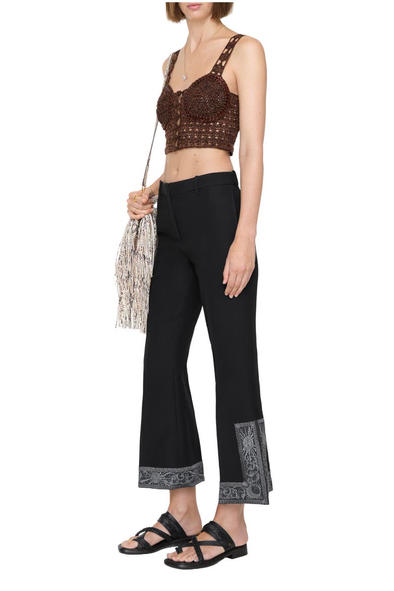 Cropped Embroidered Wool Silk Flared Trousers, Main, color, Black