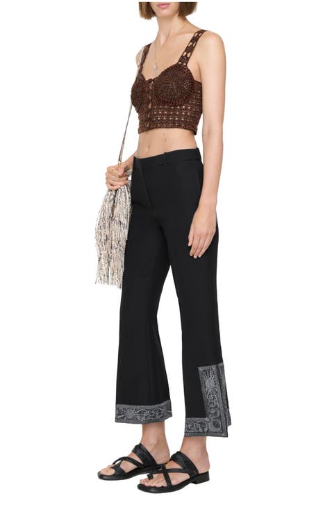 Cropped Embroidered Wool Silk Flared Trousers