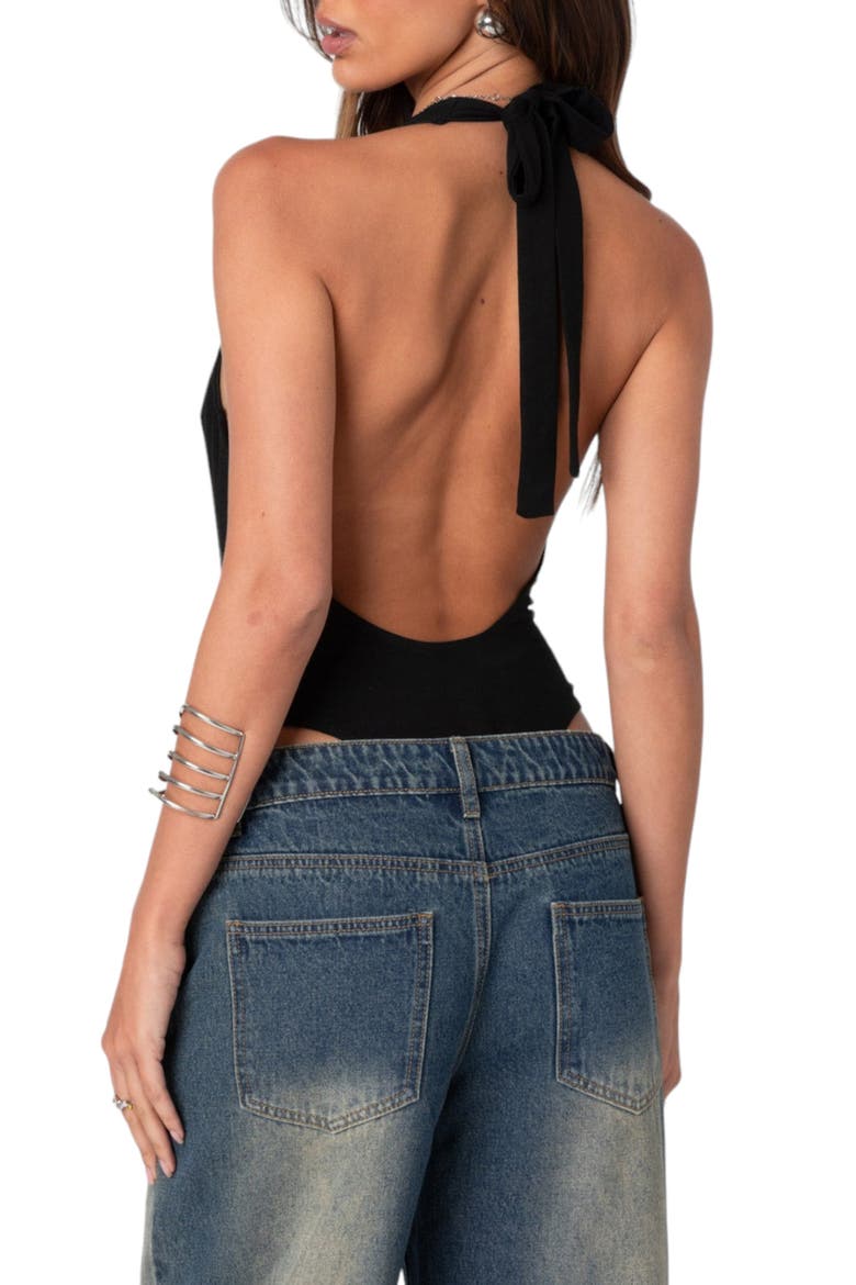 Plunge Neck Halter Bodysuit, Alternate, color, BLACK