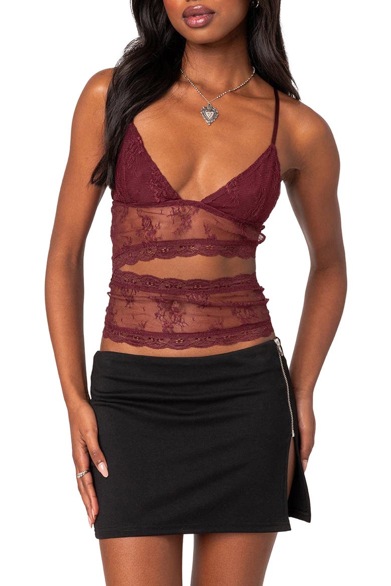 Spice Cutout Sheer Lace Camisole, Main, color, BURGUNDY