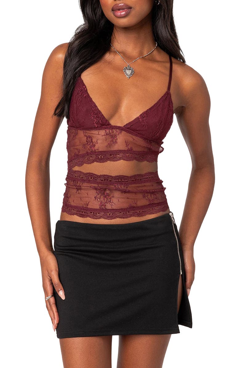 EDIKTED Spice Cutout Sheer Lace Camisole, Main, color, Burgundy