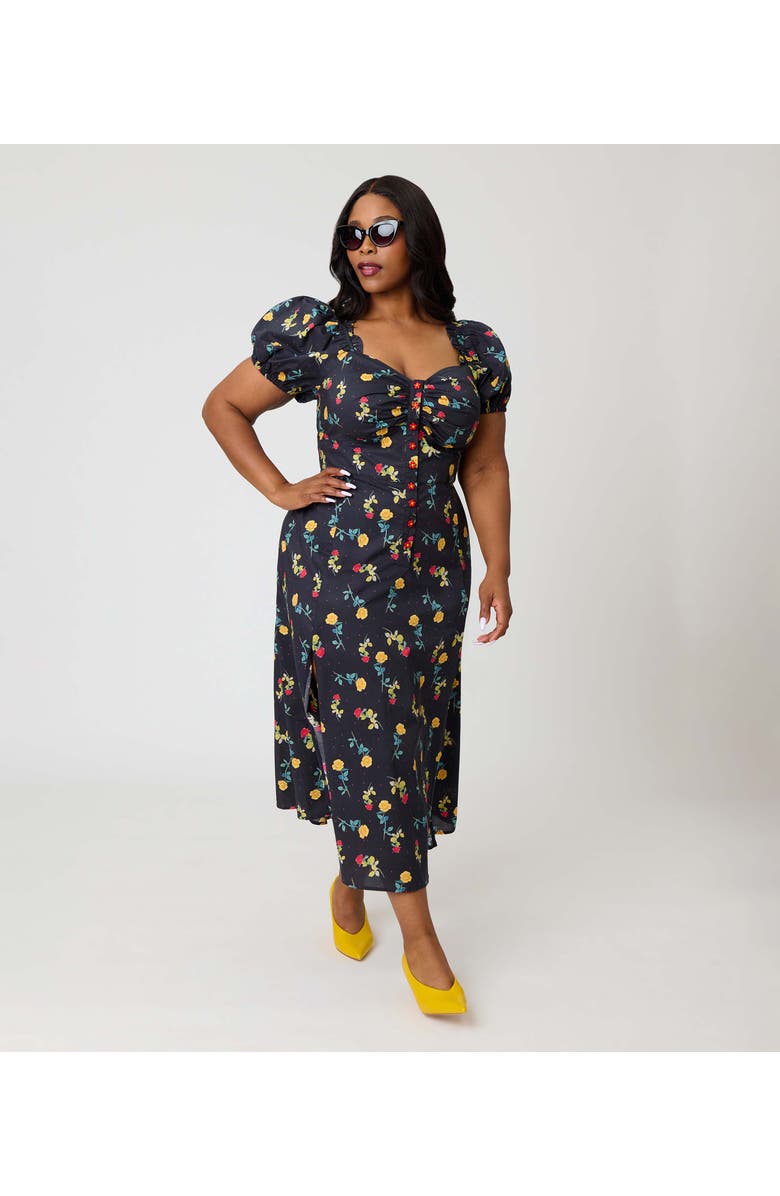 Unique Vintage Plus Size Sweetheart Midi Dress, Alternate, color, Black Floral Print