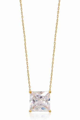GABI RIELLE Yellow Gold Vermeil Princess-Cut CZ Solitaire Pendant Necklace