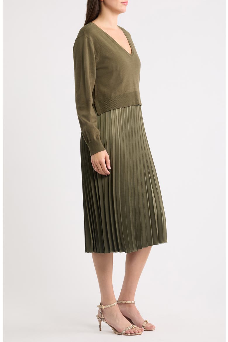 Pleated Long Sleeve Midi Dress, Alternate, color, LODEN