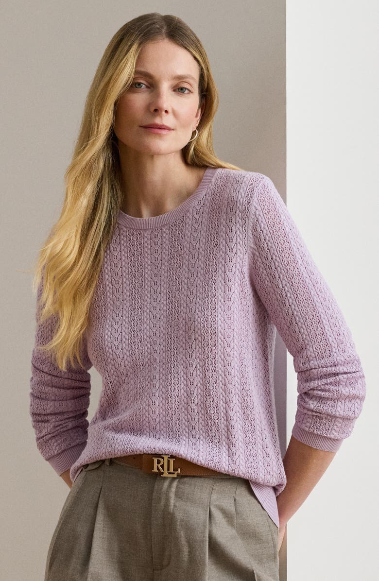 Lauren Ralph Lauren Pointelle Stitch Cotton Blend Sweater, Alternate, color, Lavender Frost
