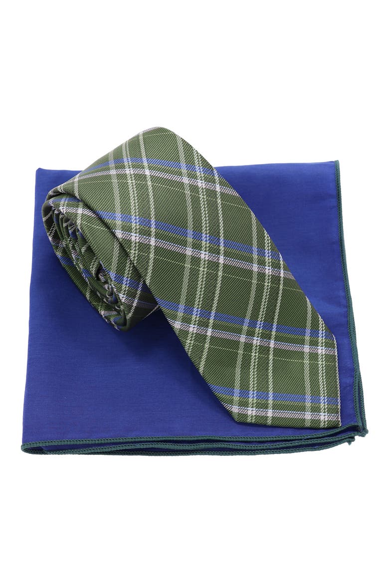 Diagonal Plaid Tie & Pocket Square Set, Main, color, HUNTER GREEN NAVY