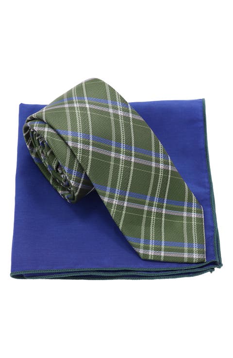 Diagonal Plaid Tie & Pocket Square Set