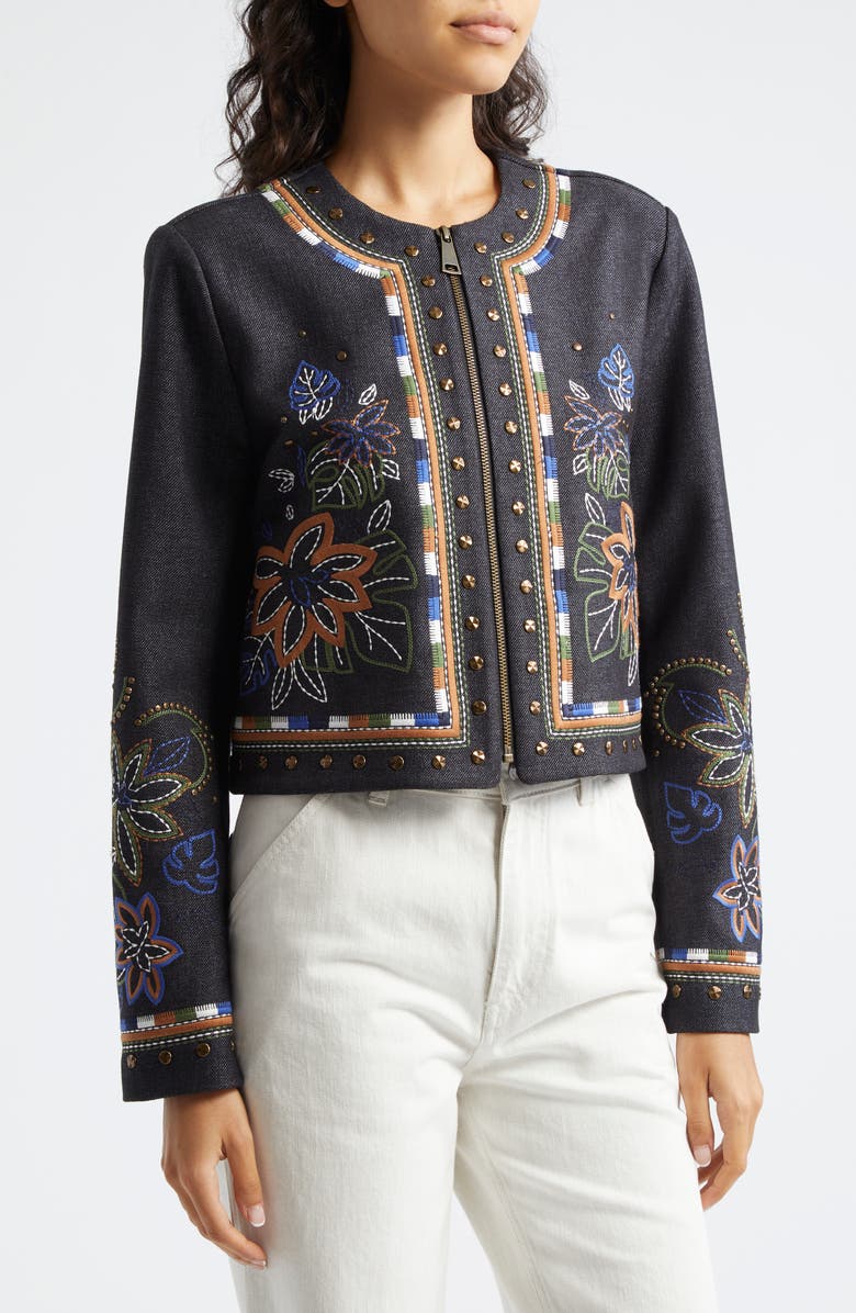 Ramy Brook Mav Embroidered Stud Detail Denim Jacket, Alternate, color, Dark Indigo