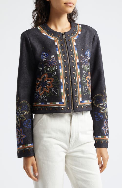 Ramy Brook Mav Embroidered Stud Detail Denim Jacket In Dark Indigo
