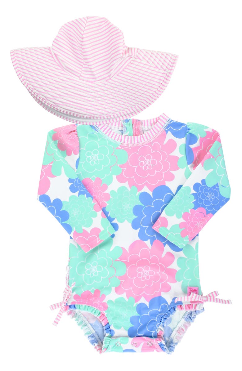 RuffleButts Pastels One-Piece Rashguard Swimsuit & Floppy Hat Set, Main, color, 