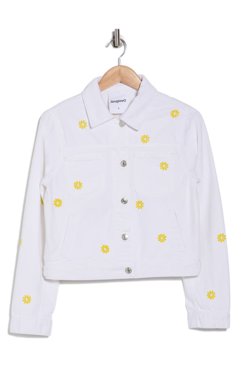 Desigual Embroidered Denim Trucker Jacket, Alternate, color, White