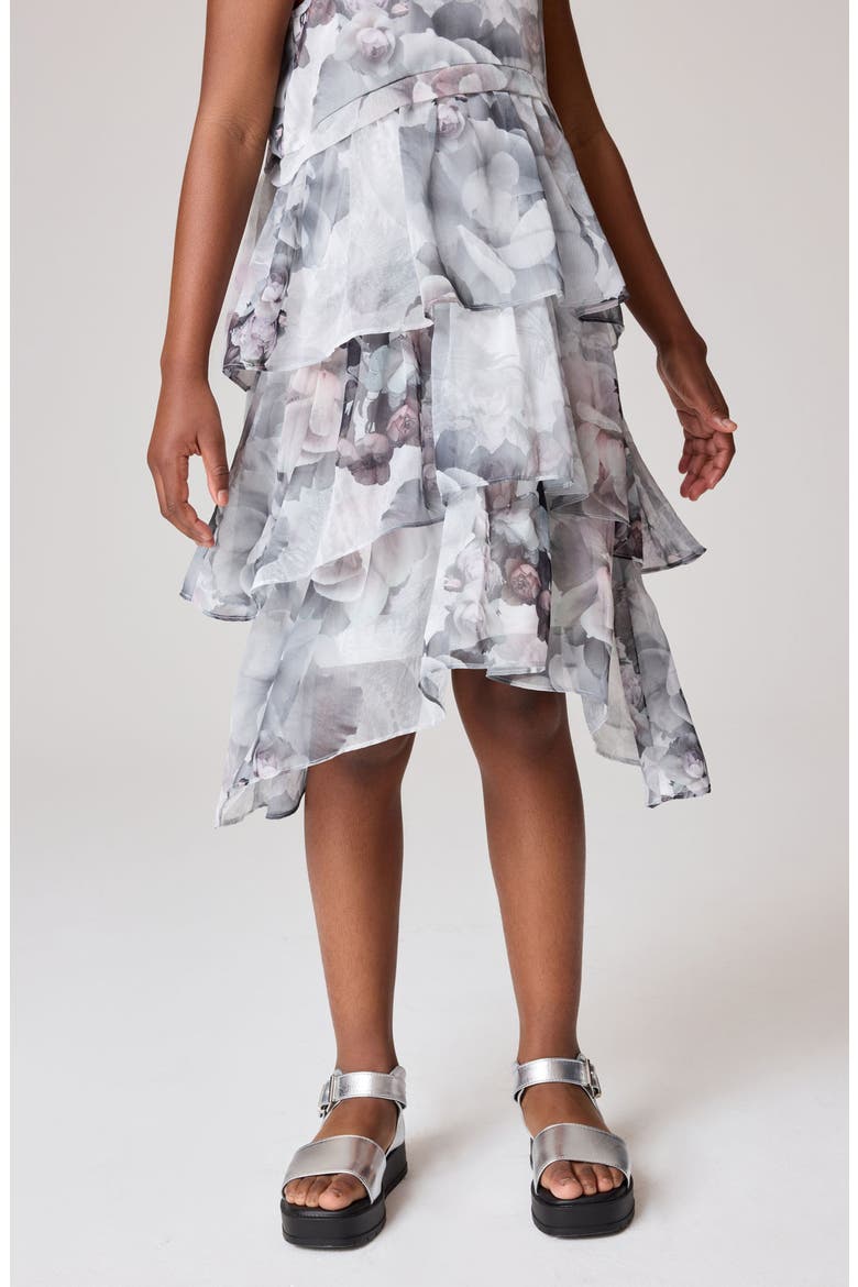 Kids' Floral Print Ruffle Dress, Alternate, color, GREY