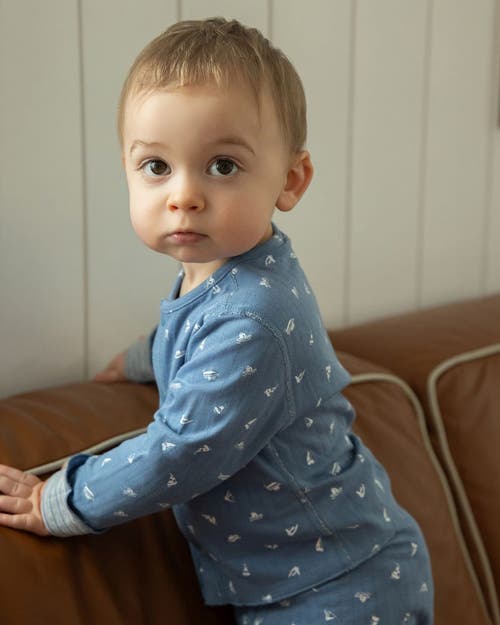 Minimoi 2 Piece Baby And Toddler Reversible 100% Cotton Pointelle Snap-up Top And Pants Set In Blue