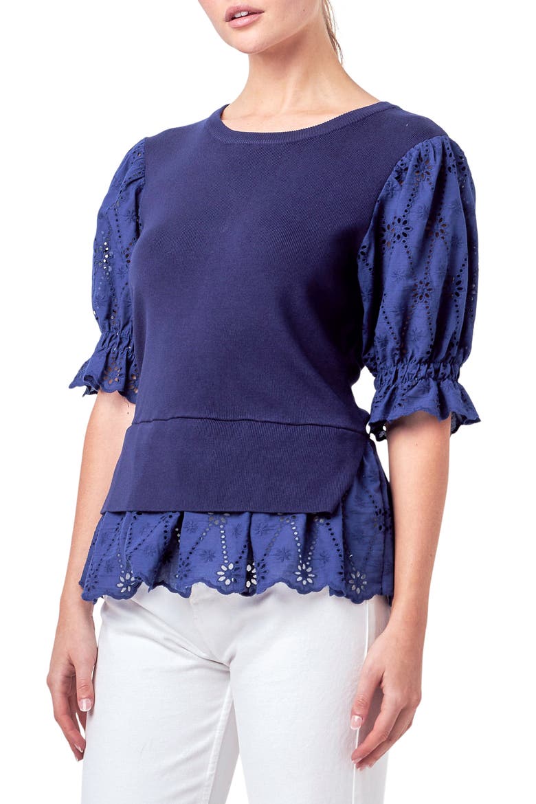 Mixed Media Eyelet Puff Sleeve Peplum Top, Alternate, color, NAVY