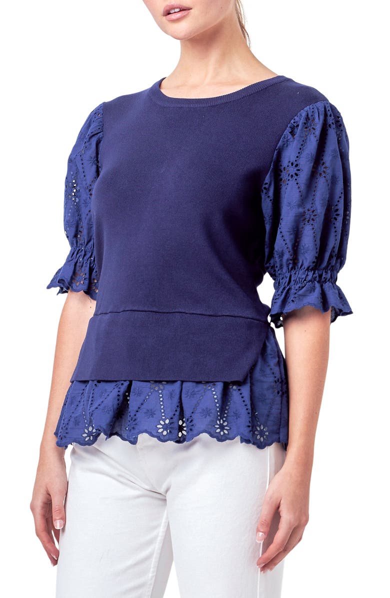 English Factory Mixed Media Eyelet Puff Sleeve Peplum Top, Alternate, color, Navy