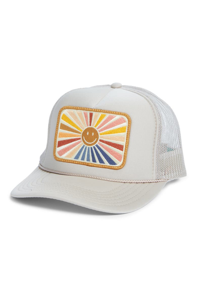 Sunray Smile Patch Trucker Hat, Main, color, TAN