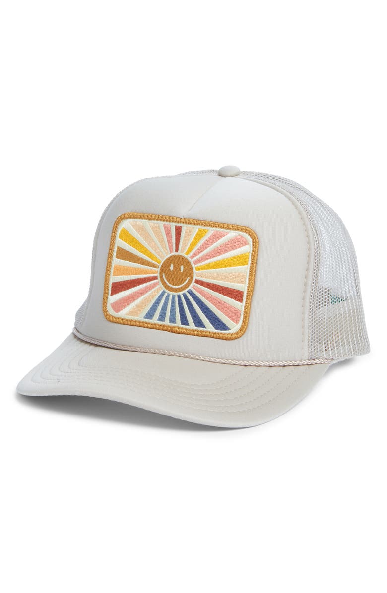 Friday Feelin’ Sunray Smile Patch Trucker Hat, Main, color, Tan