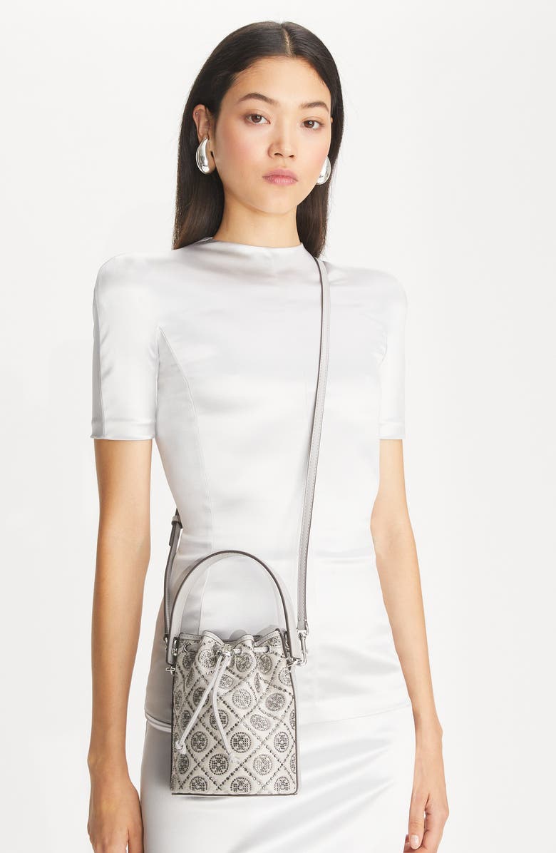 Tory Burch Crystal Detail Monogram Mini Bucket Bag, Alternate, color,