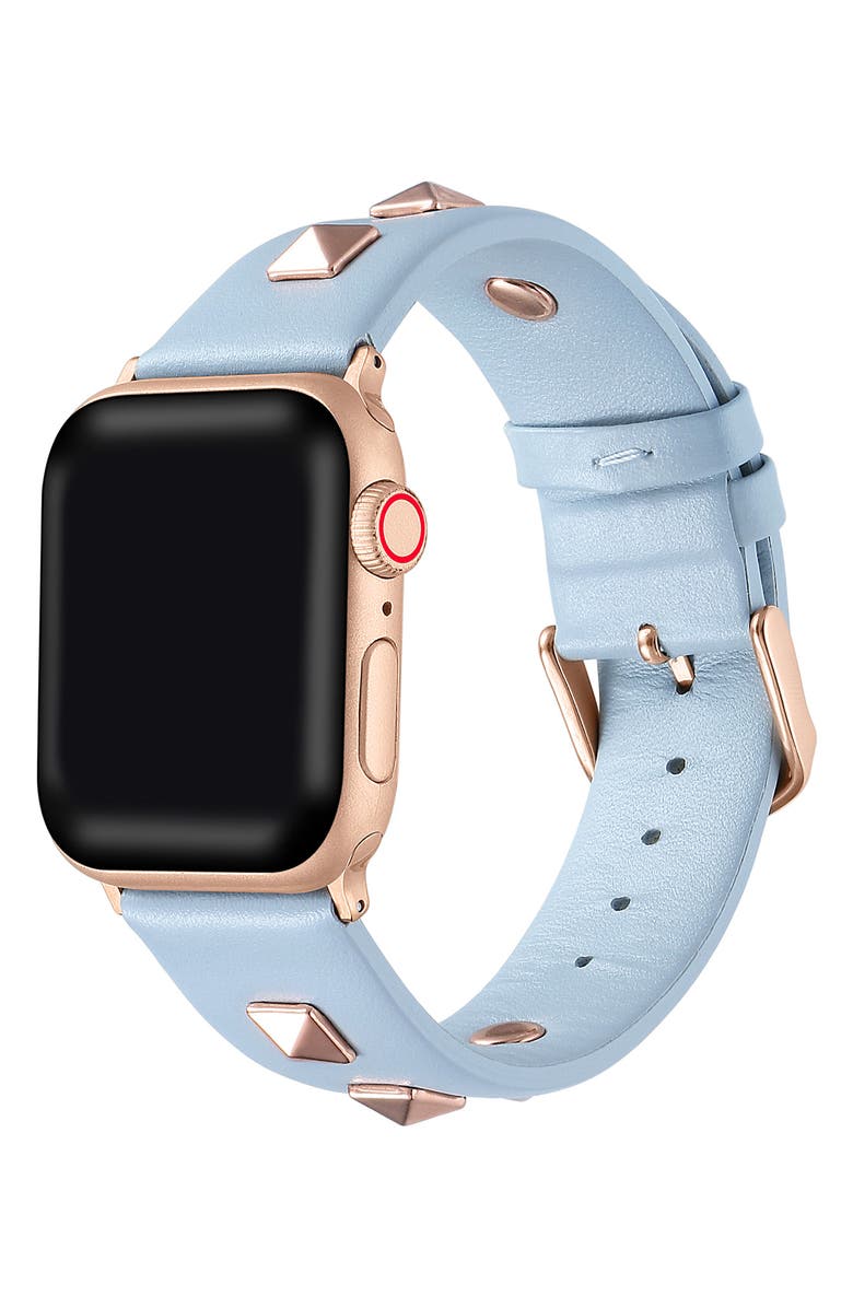 The Posh Tech Rebel Studded Leather Apple Watch<sup>®</sup> Watchband, Alternate, color, Light Blue/ Rose Gold