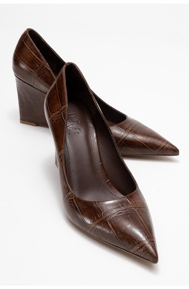 Prologue Shoes Puera Pointed Toe Wedge Pump, Alternate, color, Brown Printed