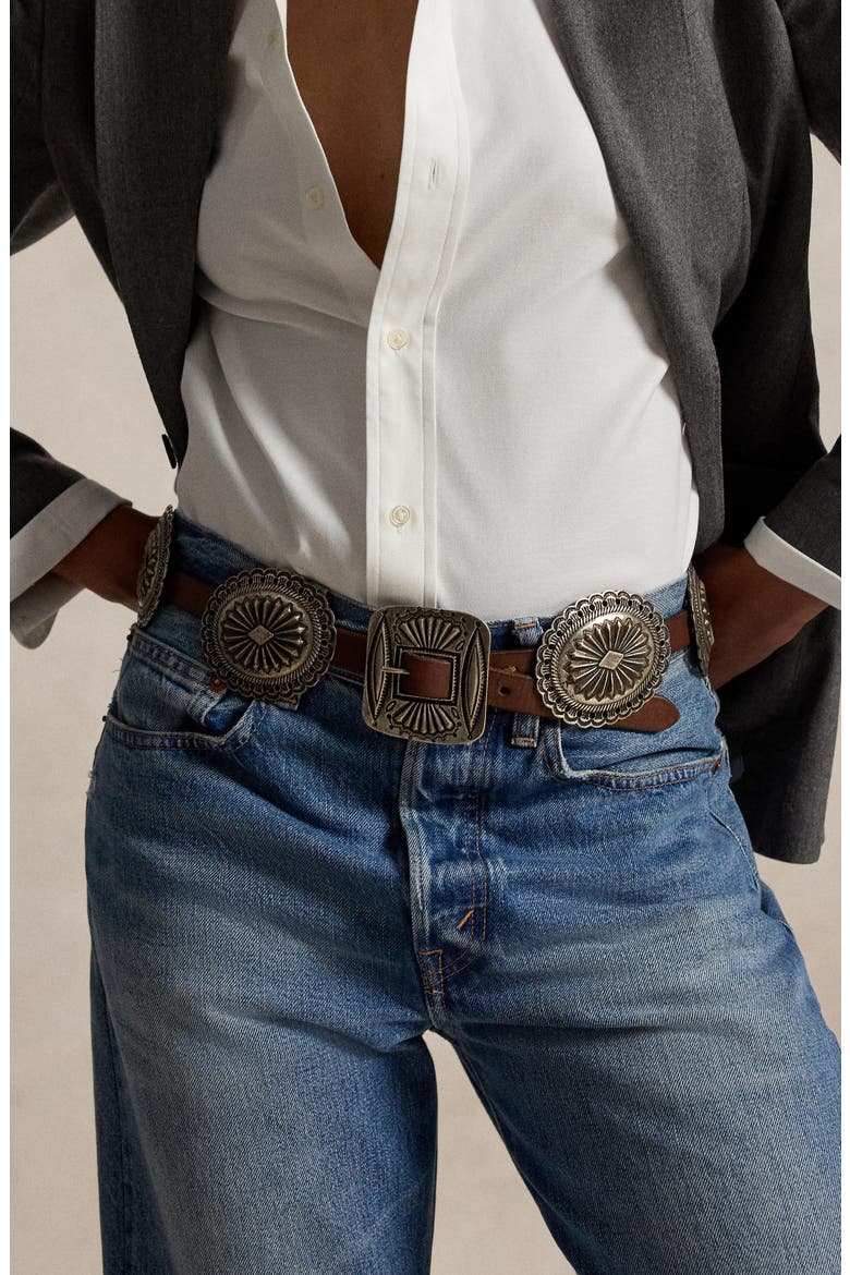 Distressed Leather Concho Belt, Alternate, color, BROWN