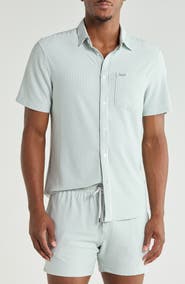 Vintage Summer Seersucker Knit Short Sleeve Button-Down Shirt
