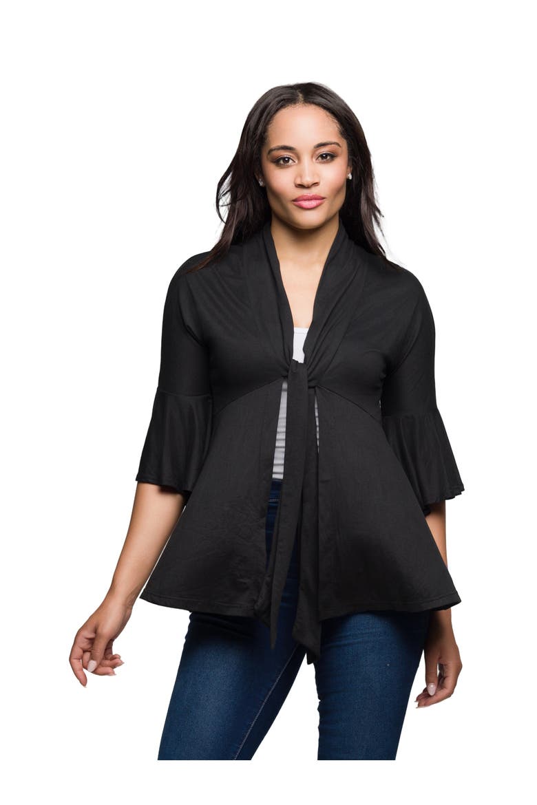 Tie Front Bell Sleeve Cardigan, Main, color, Black