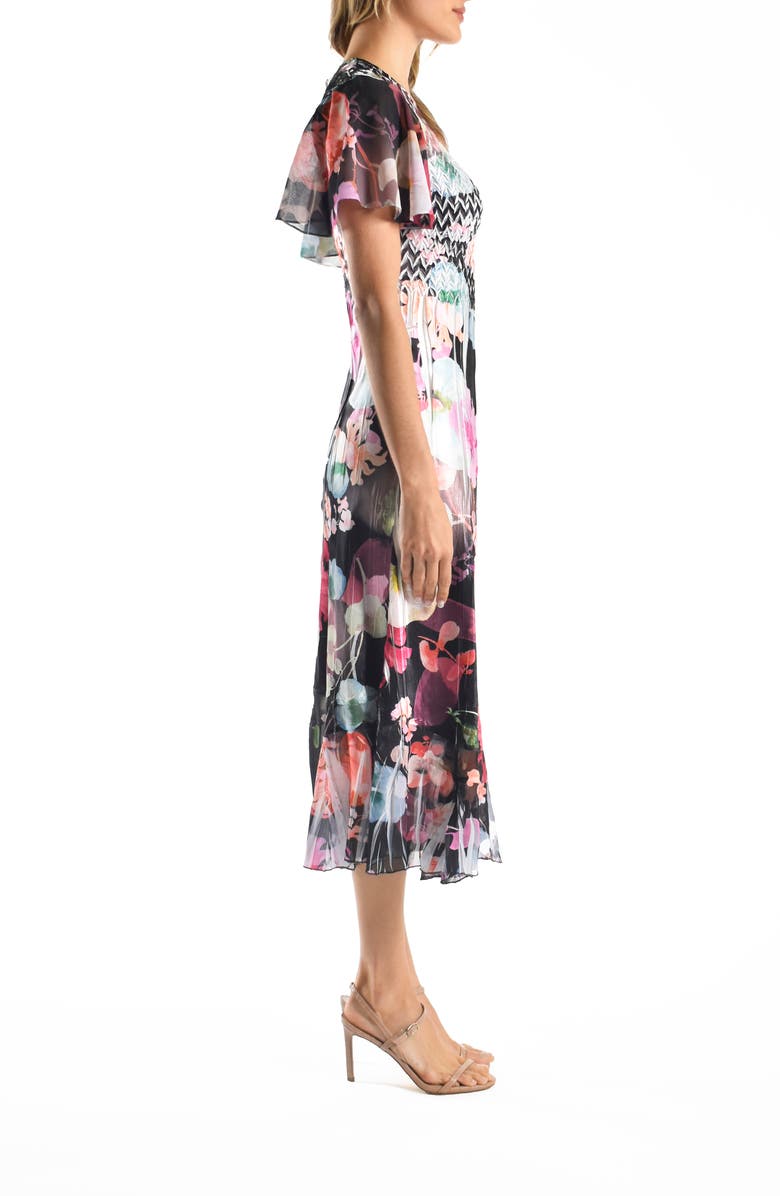 Komarov Flutter Sleeve Charmeuse & Chiffon Midi Dress, Alternate, color, Flourescent Flora