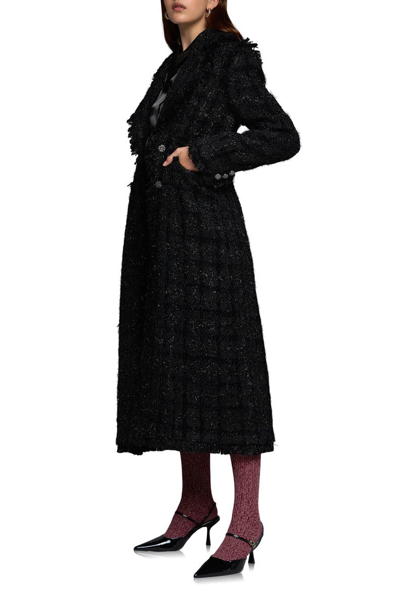 Premium Metallic Long Tweed Coat, Alternate, color, BLACK