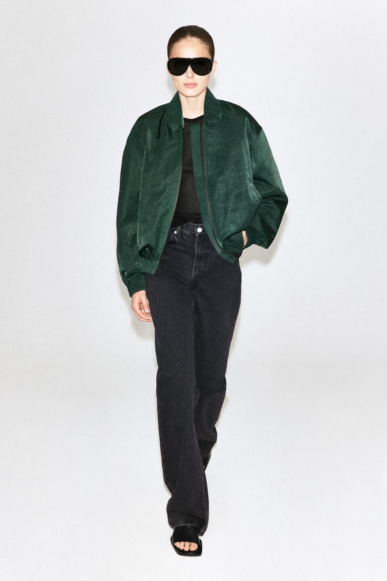 Gathered Nylon Bomber Jacket, Main, color, DARK GREEN
