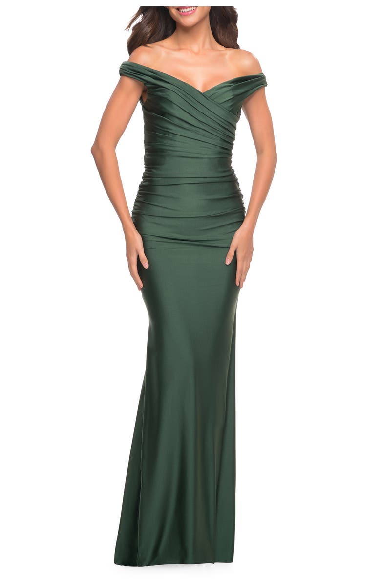 La Femme Off the Shoulder Prom Dress with Ruching, Main, color, 