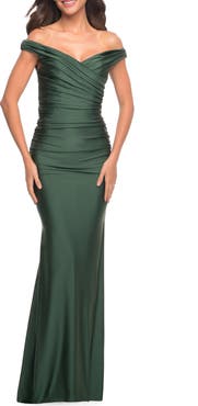 La Femme Off the Shoulder Prom Dress with Ruching