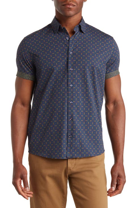 Pineapple Print Short Sleeve Stretch Cotton Button-Up Shirt