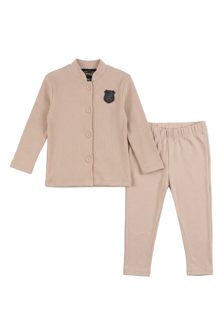 Girl Ribbed Button Down Scallop Neckline Shield Emblem Top and Pants Set, Main, color, Pink