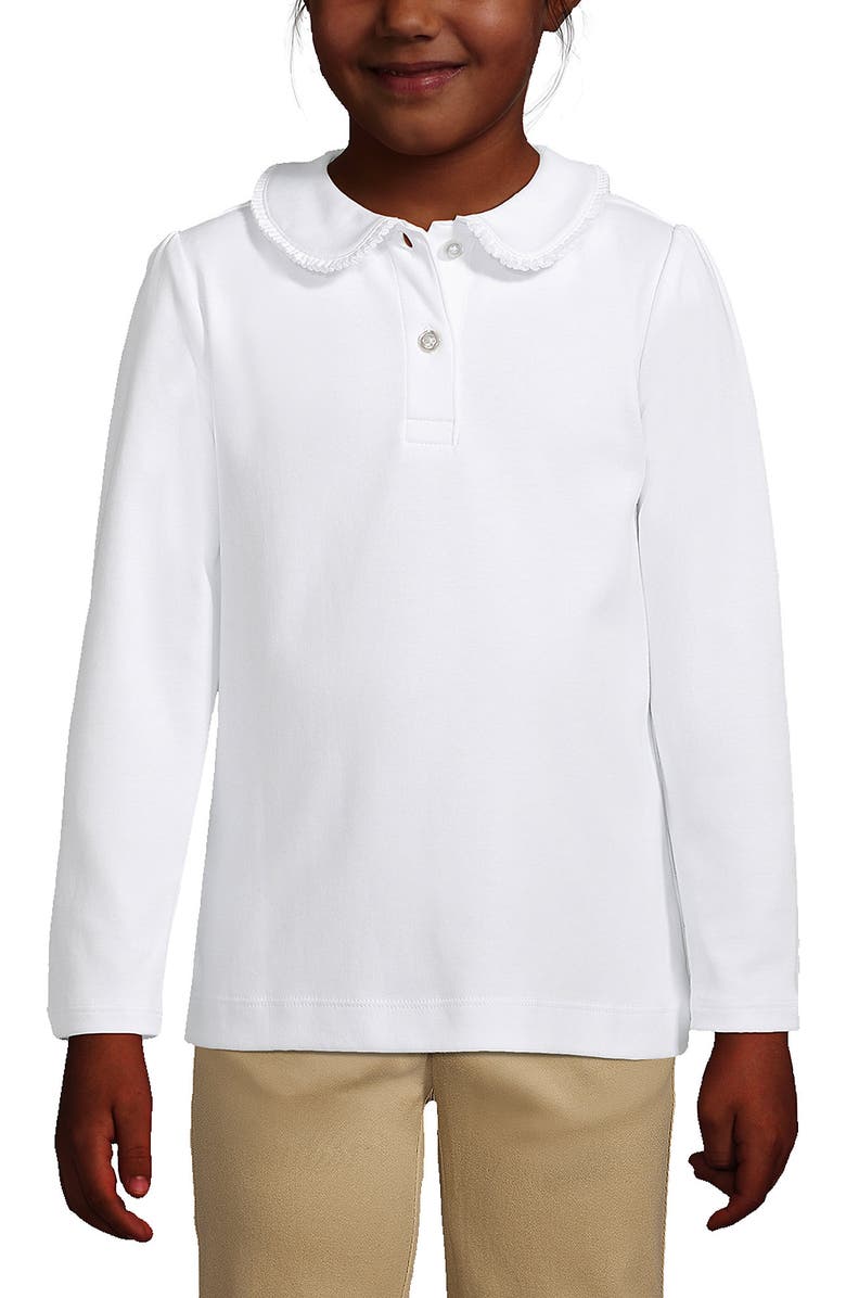 Lands' End Girls Long Sleeve Ruffled Peter Pan Collar Knit Shirt, Main, color, White