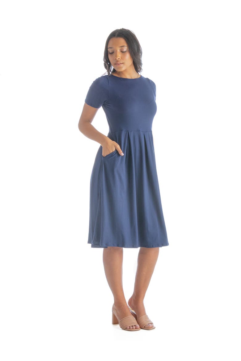 Petites Midi Dress with Short Sleeves and Pocket Detail, Alternate, color, Navy