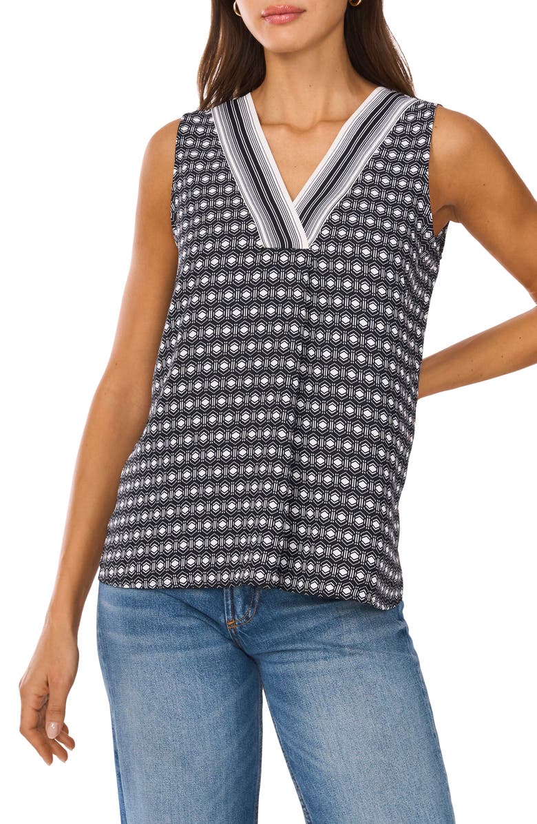 Vince Camuto Geo Print Contrast V-Neck Shell, Main, color,