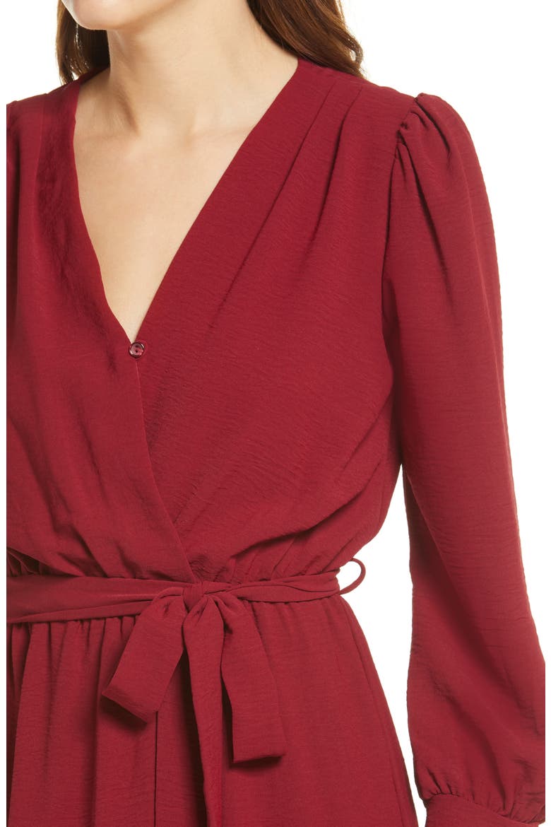 Long Sleeve Faux Wrap Dress, Alternate, color, WINE