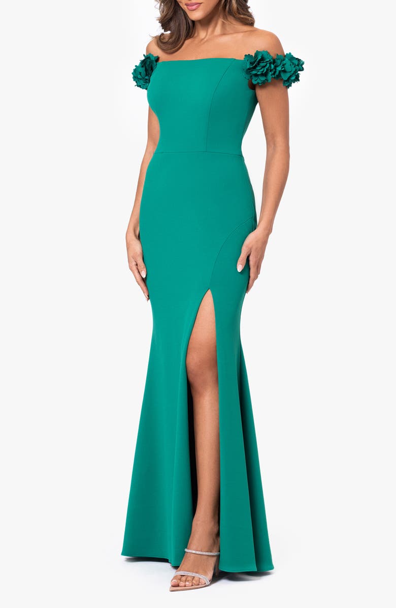 Xscape Evenings Flower Off the Shoulder Scuba Crepe Gown, Alternate, color, 