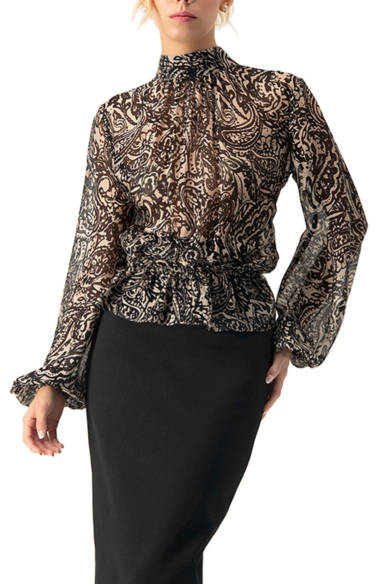 High Neck See-Through Paisley Blouse, Main, color, Black