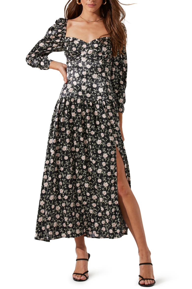 Puff Sleeve Dress, Main, color, BLACK FLORAL