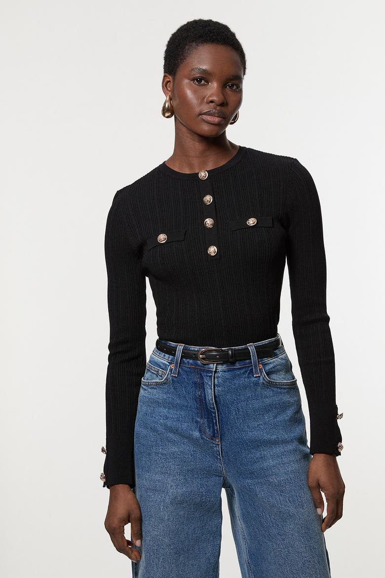Military Trim Rib Long Sleeve Knit Top, Main, color, Black