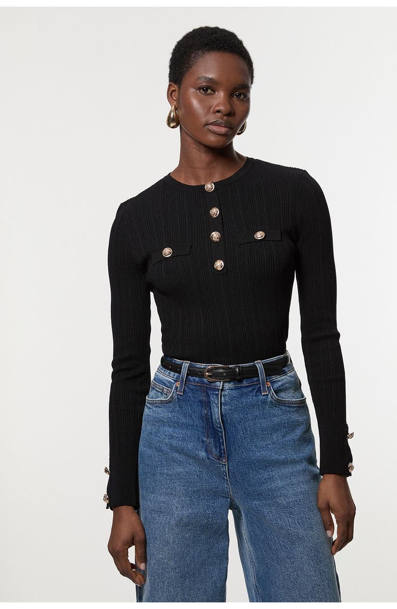 Karen Millen Military Trim Rib Long Sleeve Knit Top, Main, color, Black