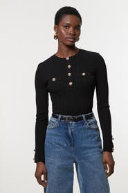 Karen Millen Military Trim Rib Long Sleeve Knit Top